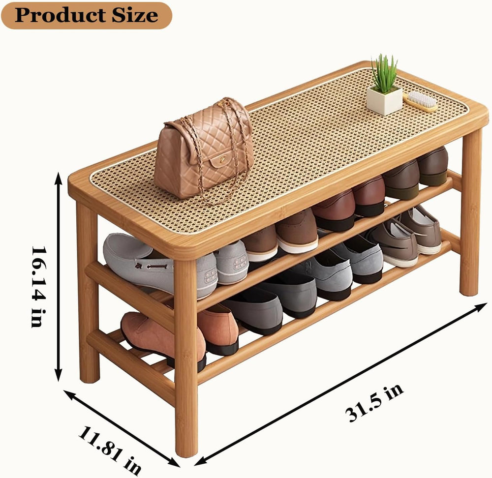 SOBIBO Bamboo Shoe Rack Bench with Rattan Seat, 3-Tier Shoe Storage Bench, En...