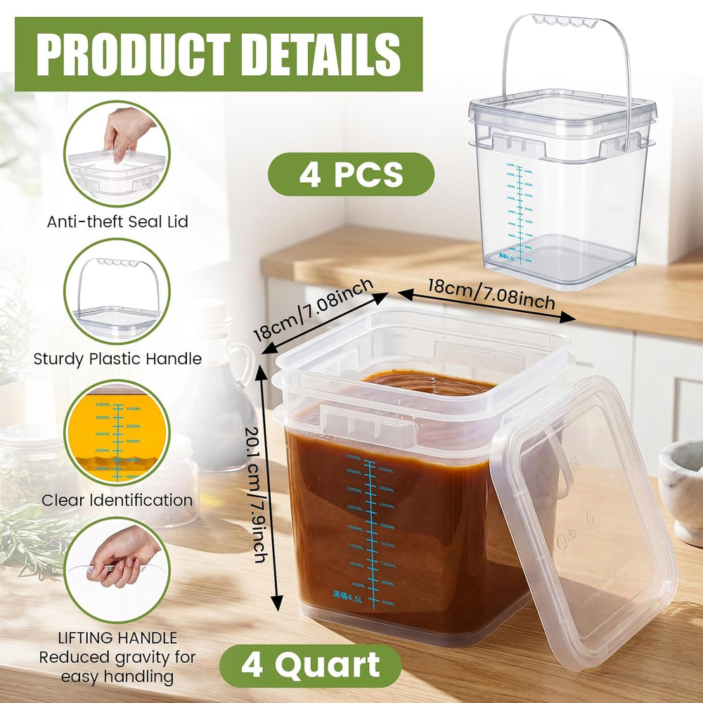 LemonRoad 4 Pcs Clear Square Bucket with Lid 1 Gallon Graduated Pail Containe...