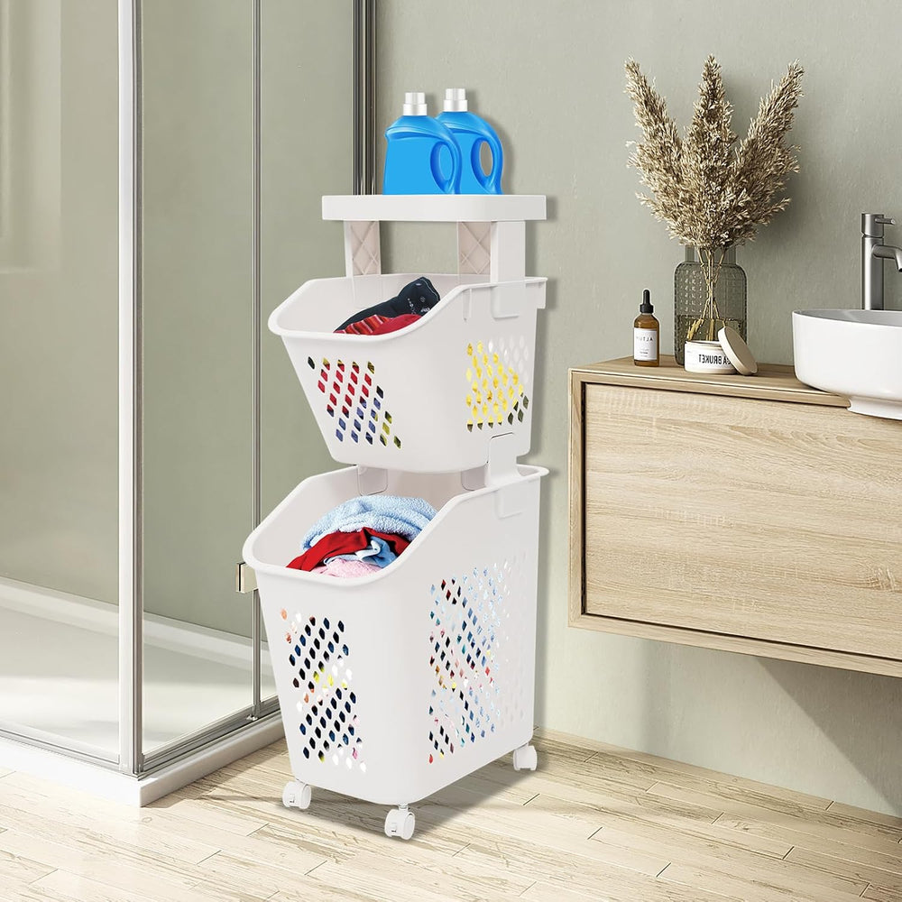 2-Tier Plastic Laundry Hamper Sorter with Wheels,Tiered Laundry Basket Organi...