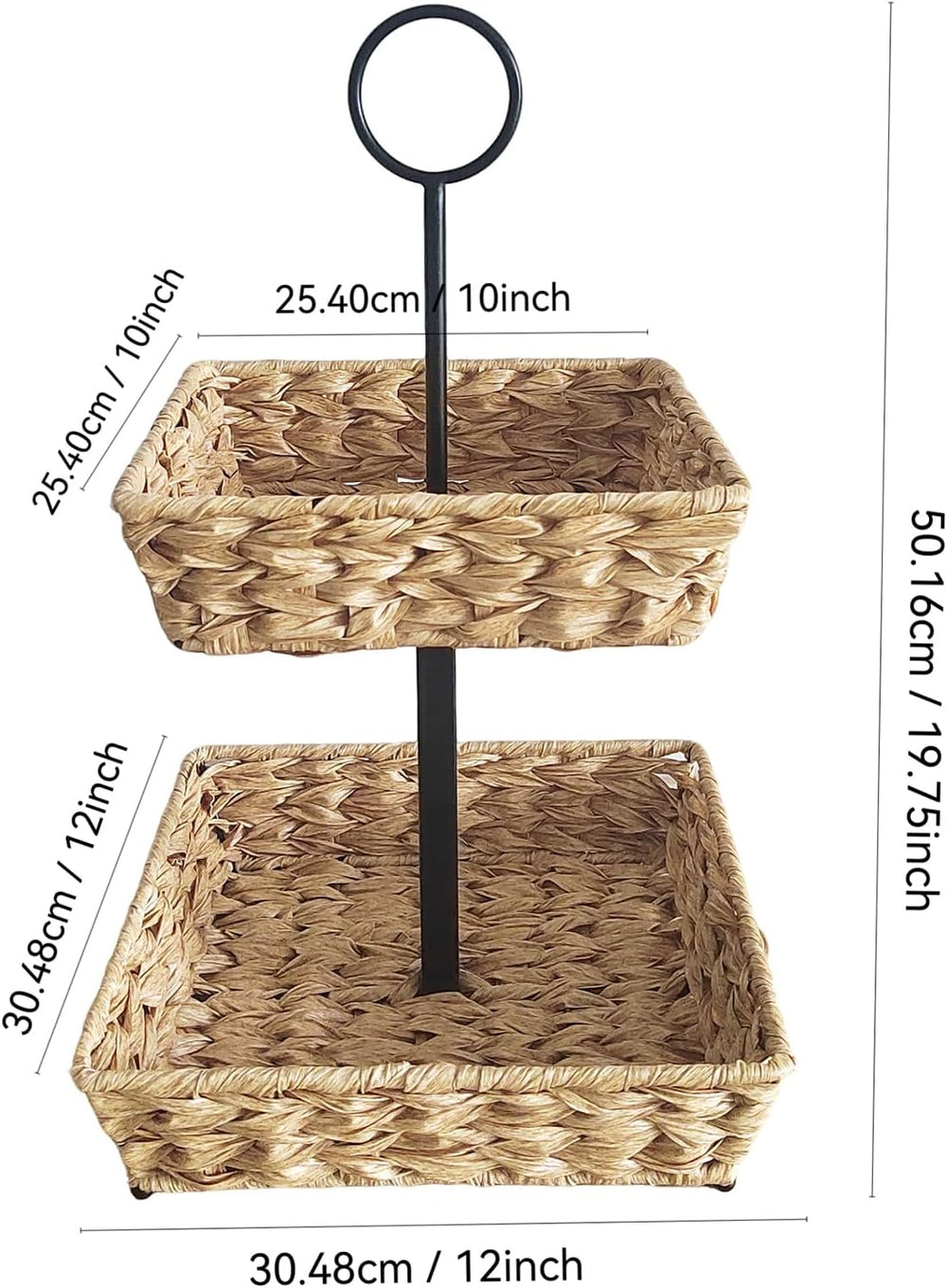 2-Tier Round Faux Rattan Wicker Storage Basket with Metal Frame, Countertop O...