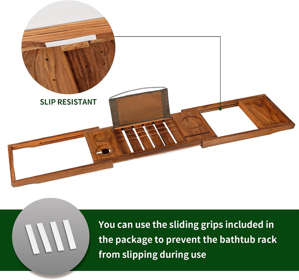 VaeFae Teak Bathtub Tray Expandable, Wooden Tub Caddy, Non-Folding