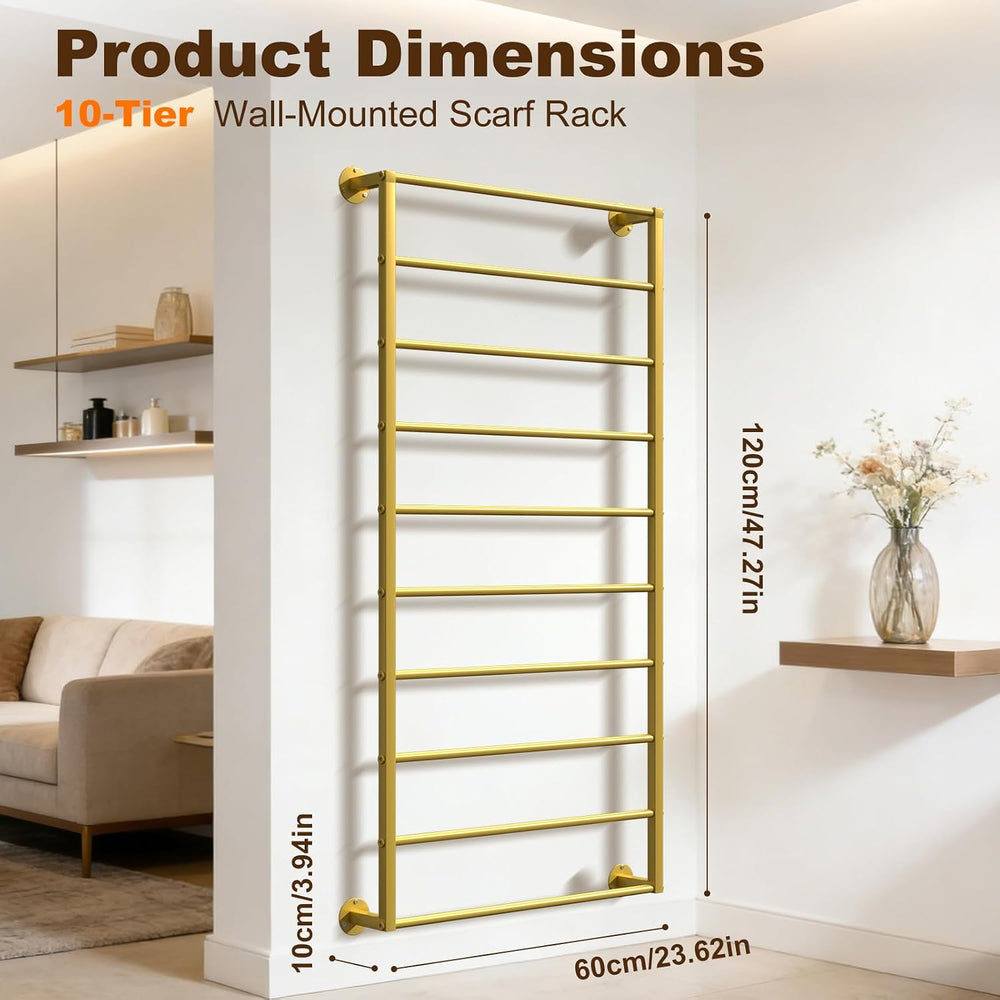 Wall Mounted Scarf Rack, Hijab Hanger Organizer (Gold, 10T-23.6×47.2IN)