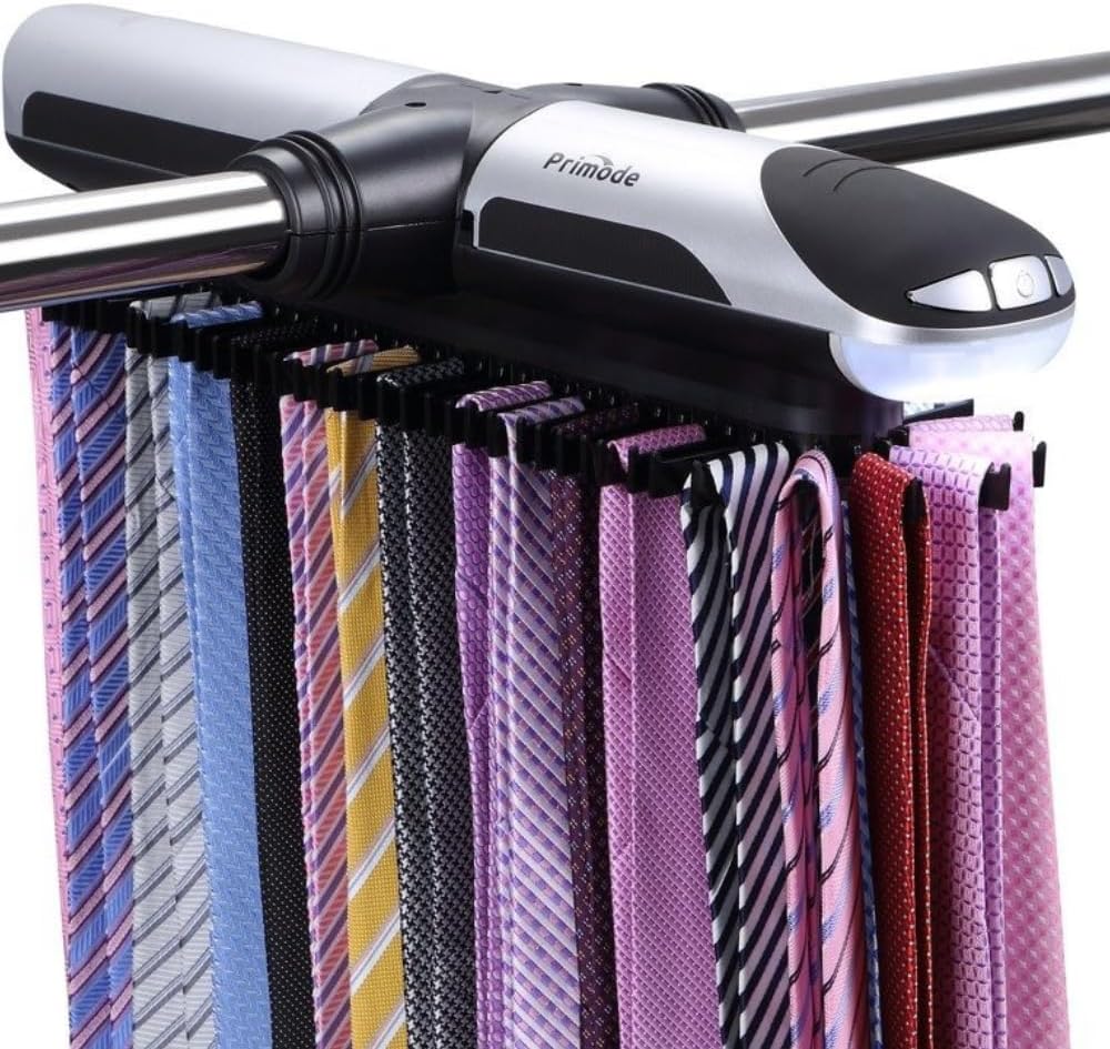 Motorized Tie Rack Closet Organizer with LED Lights Includes J Hooks for Wire...