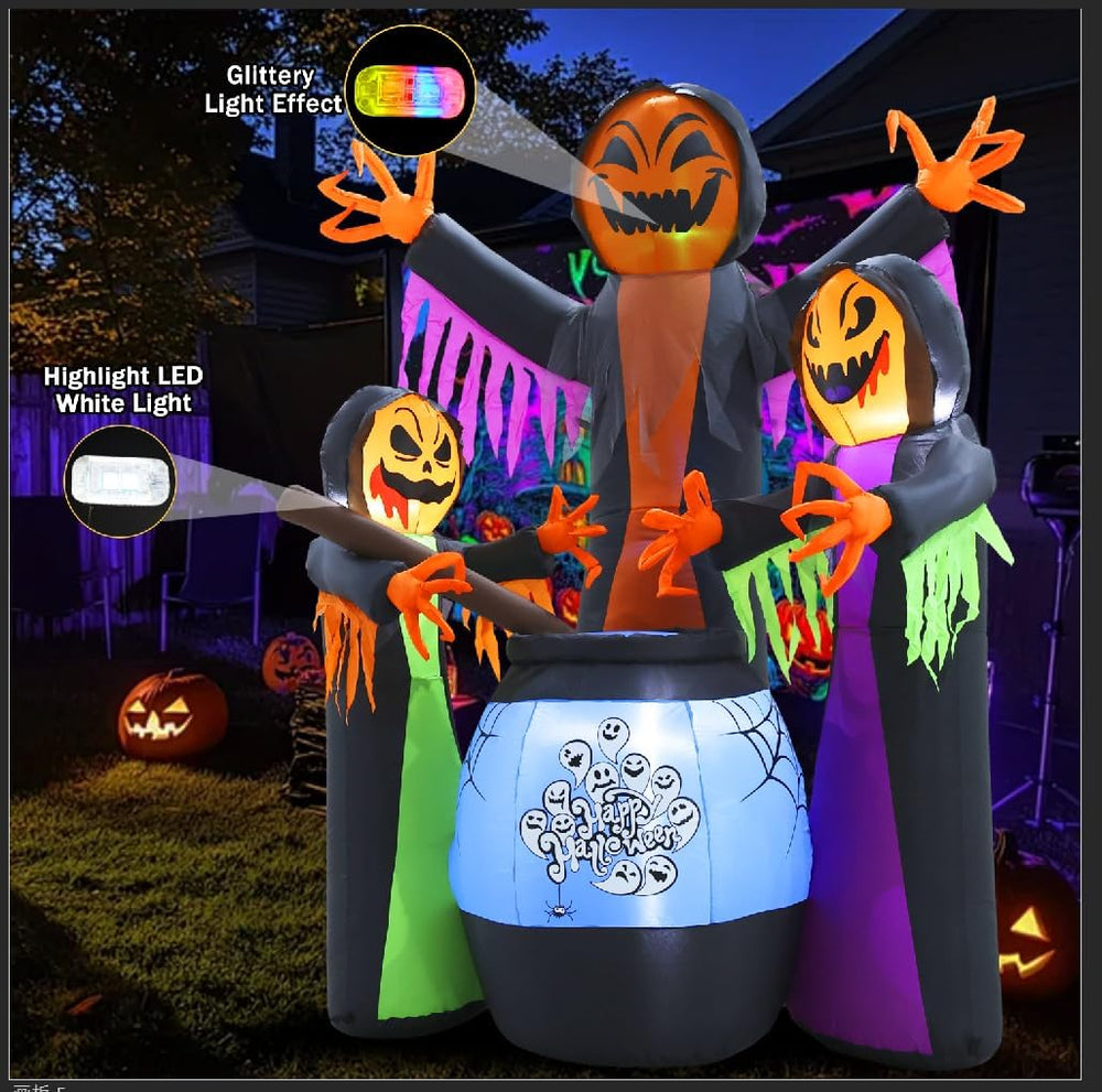 8FT Halloween Inflatables Three Witch Around Cauldron with Light Yard Decor