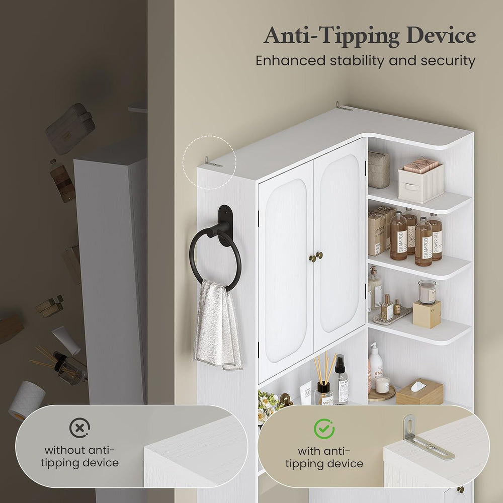 7-Tier L-Shaped Wooden Over the Toilet Storage Cabinet with Doors