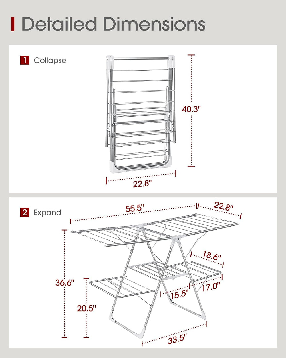 Clothes Drying Rack, Foldable 2-Level with 55.5" Adjustable Wings