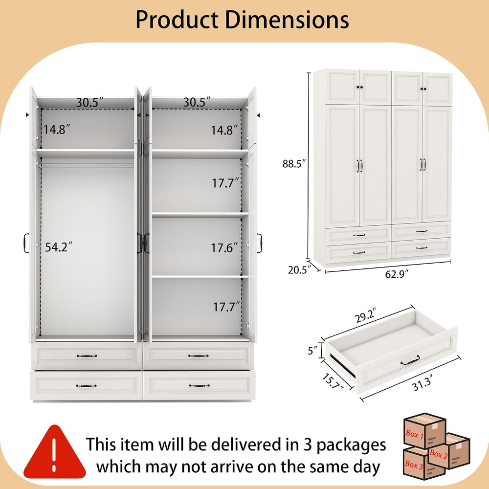 White Armoire Wardrobe Closet with 4 Drawers, 88" Tall x 63" Wide