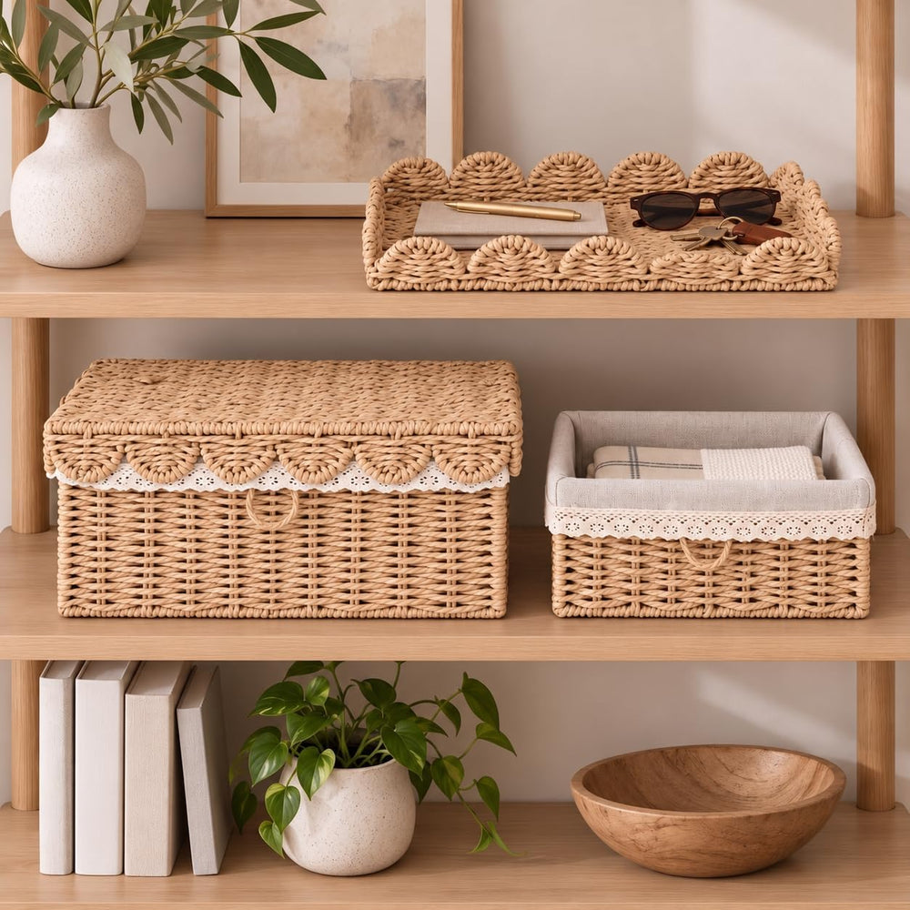 Scalloped Wicker Baskets with Lid, 2 Pack, 4 Liners, Paper Rattan
