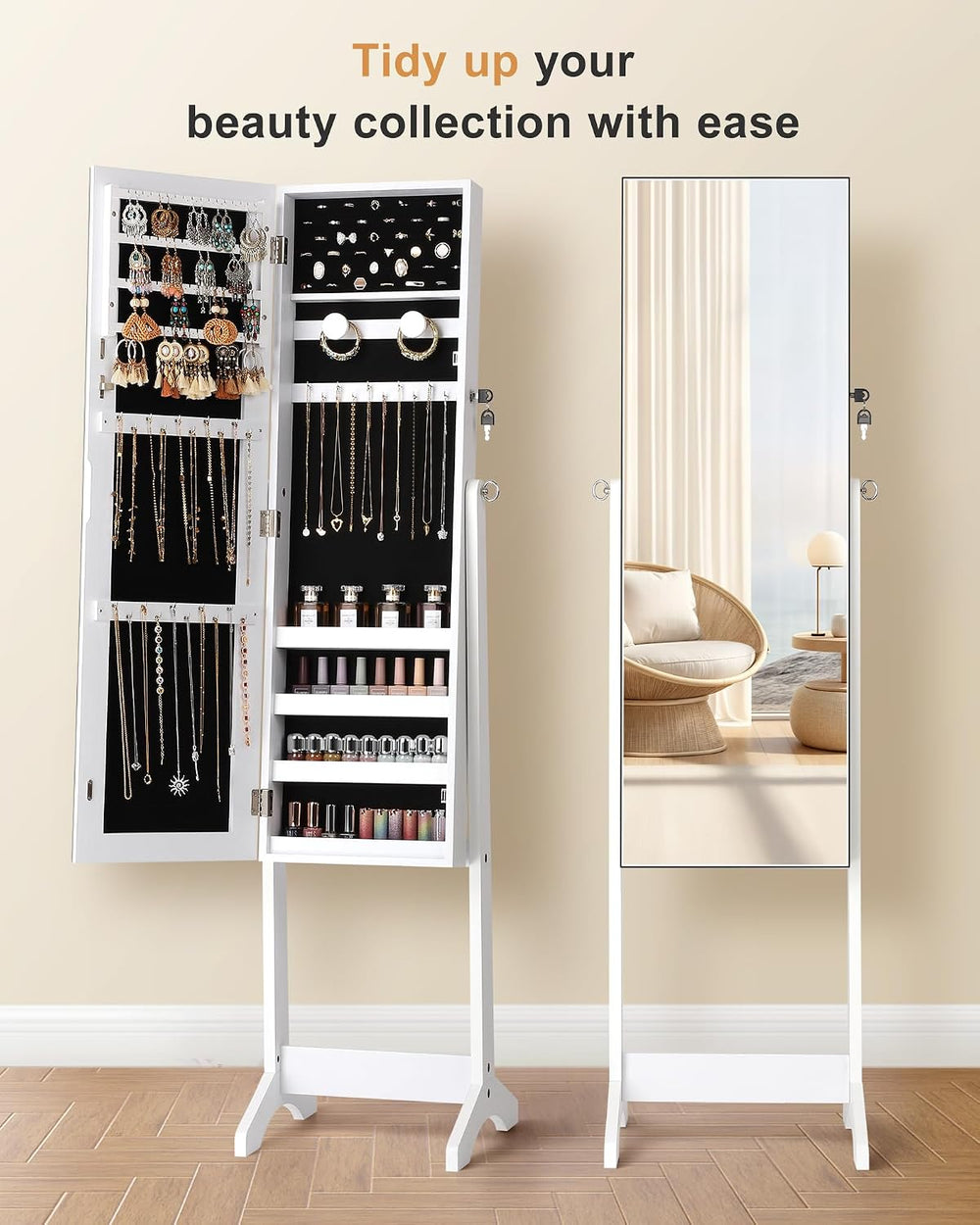 Nicetree Freestanding Jewelry Cabinet, Full Length Mirror, Moon White