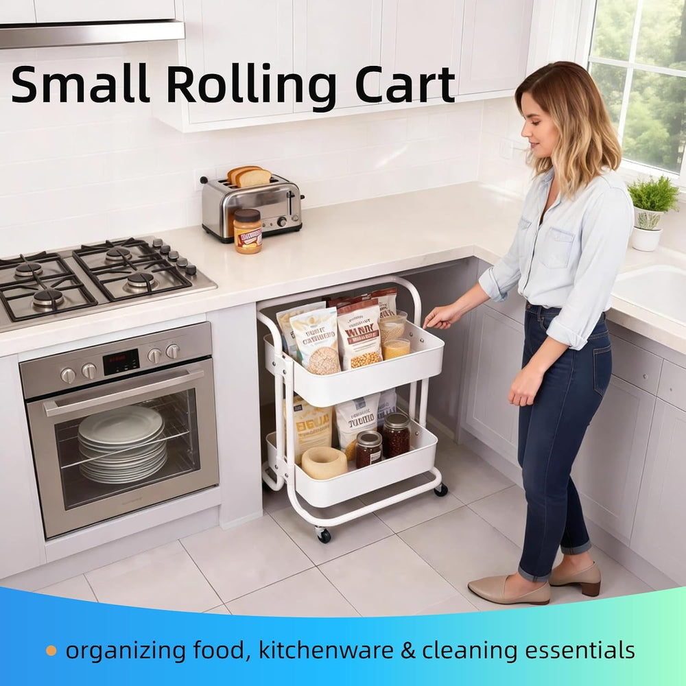 2 Tier Cart with Wheels Under Desk Storage with Handle, Metal Rolling Pantry ...