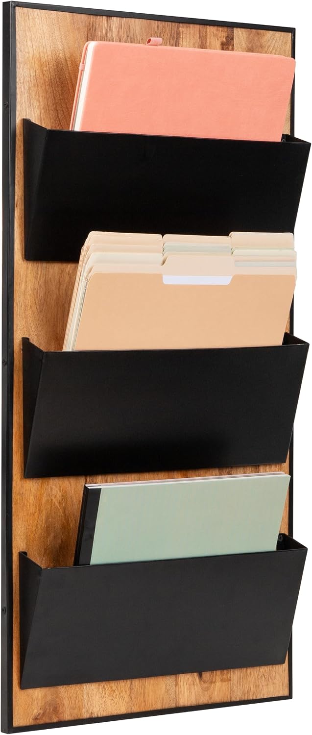Mind Reader 3-Tier Wall-Mounted File Organizer, Wood and Metal Vertical Rack ...