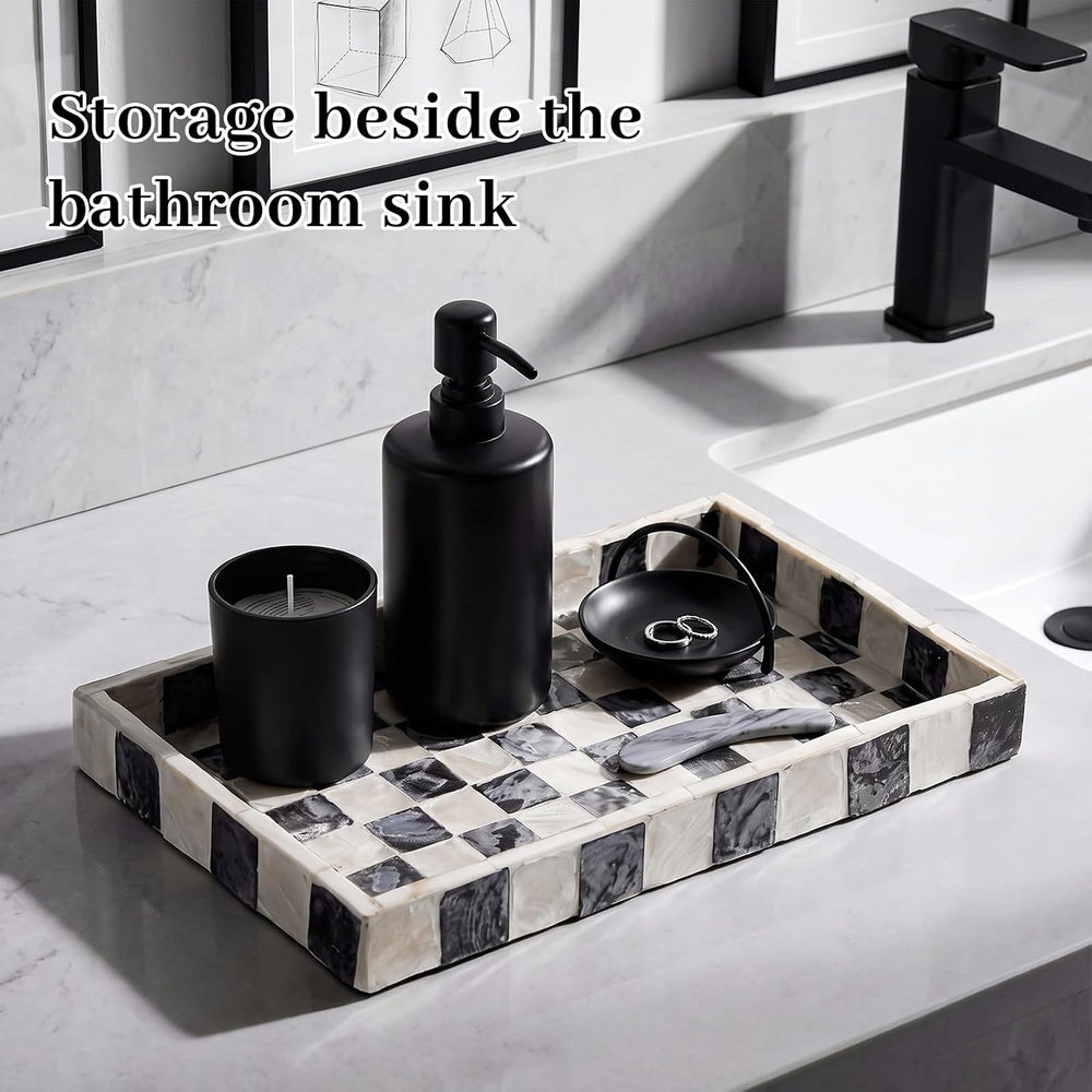 Sawysine 10'' x 5'' Capiz Vanity Tray, Black and White Checke...