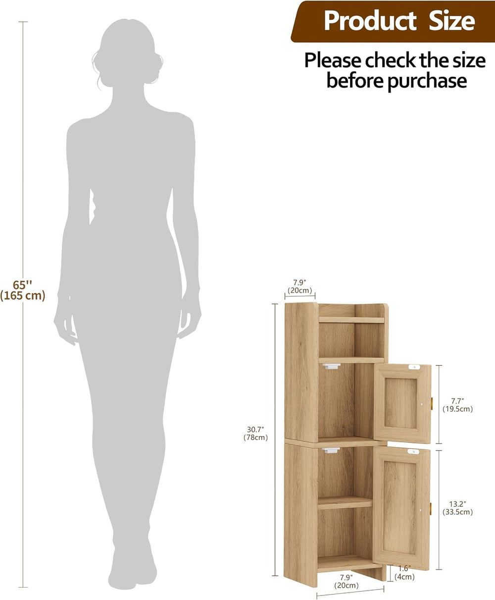 Akxomel Rattan Small Bathroom Cabinet with Open Shelf Wooden Floor Unit