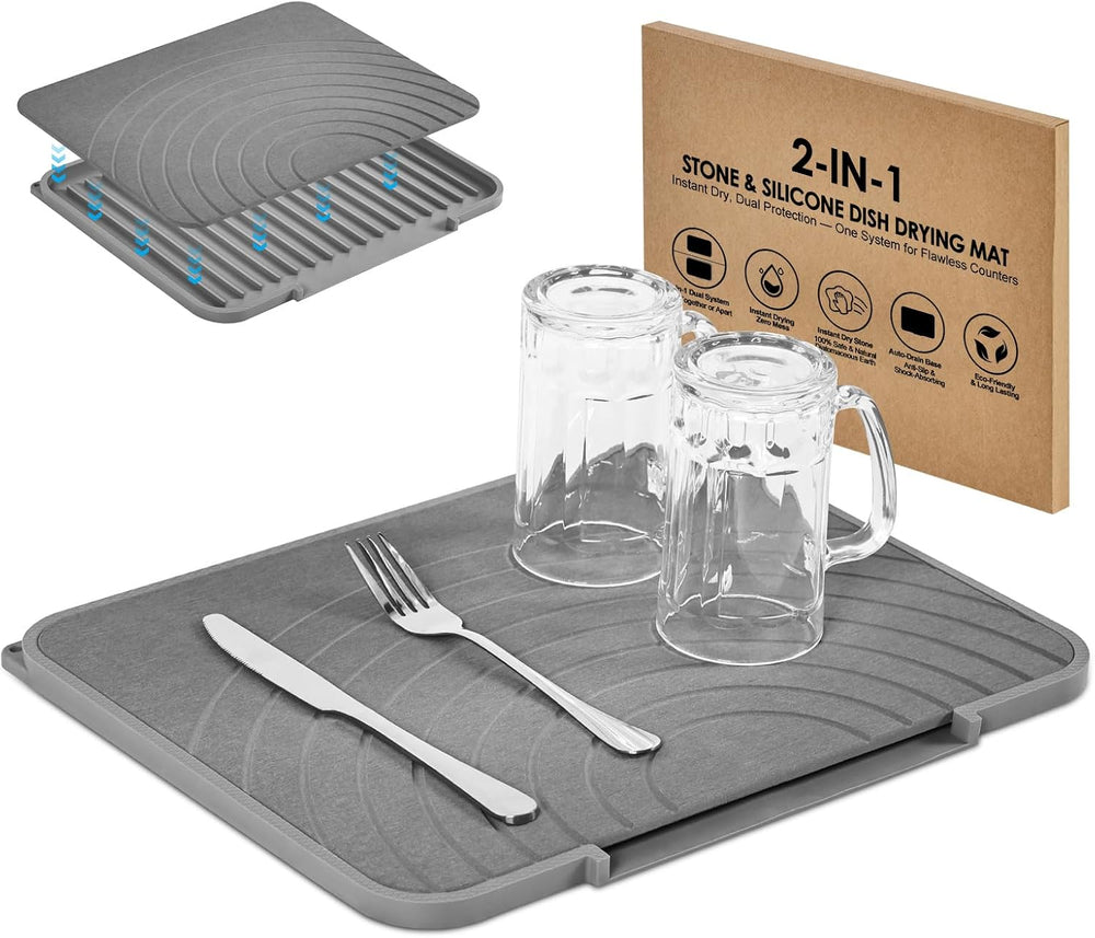 2-in-1 Stone & Silicone Dish Drying Mat, Grey_Ring line, 12.5"x15.6&...