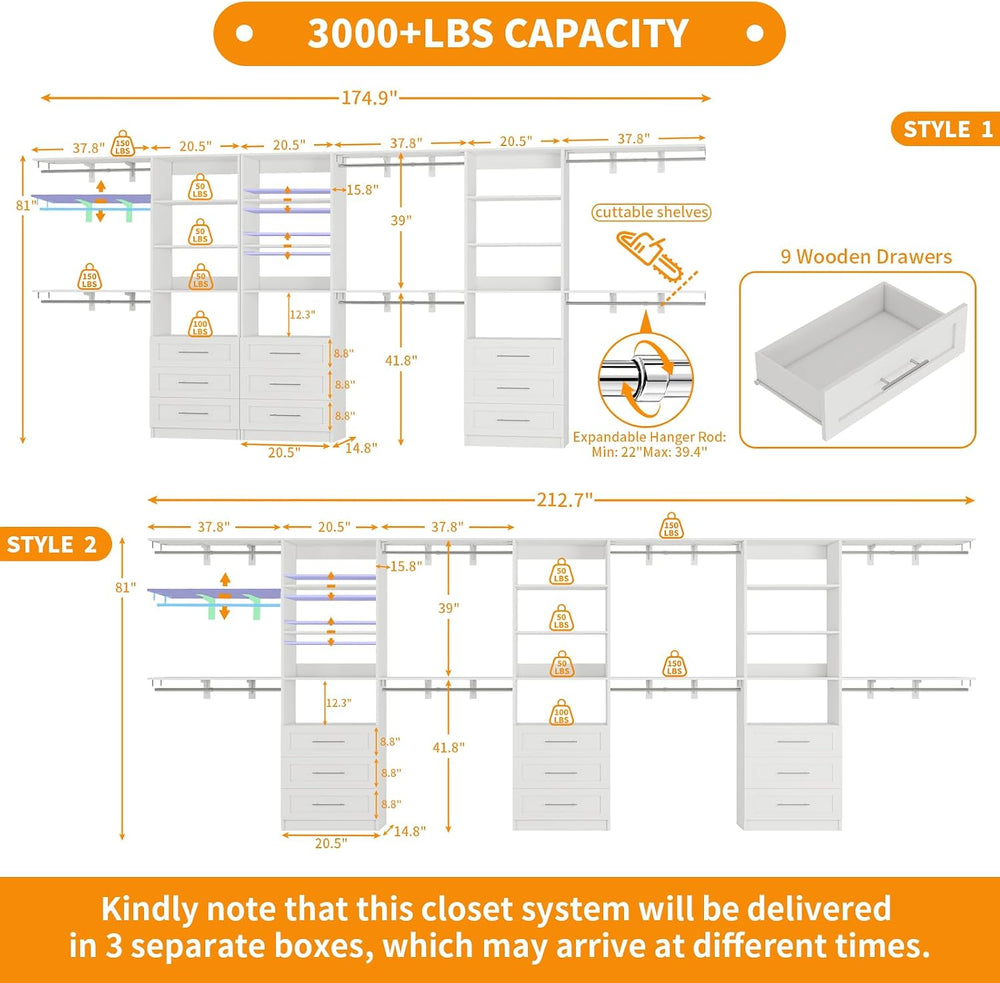 Closet System with 9 Drawers,12 Shelves,9 Rods,11FT-17FT,3 Sets,White