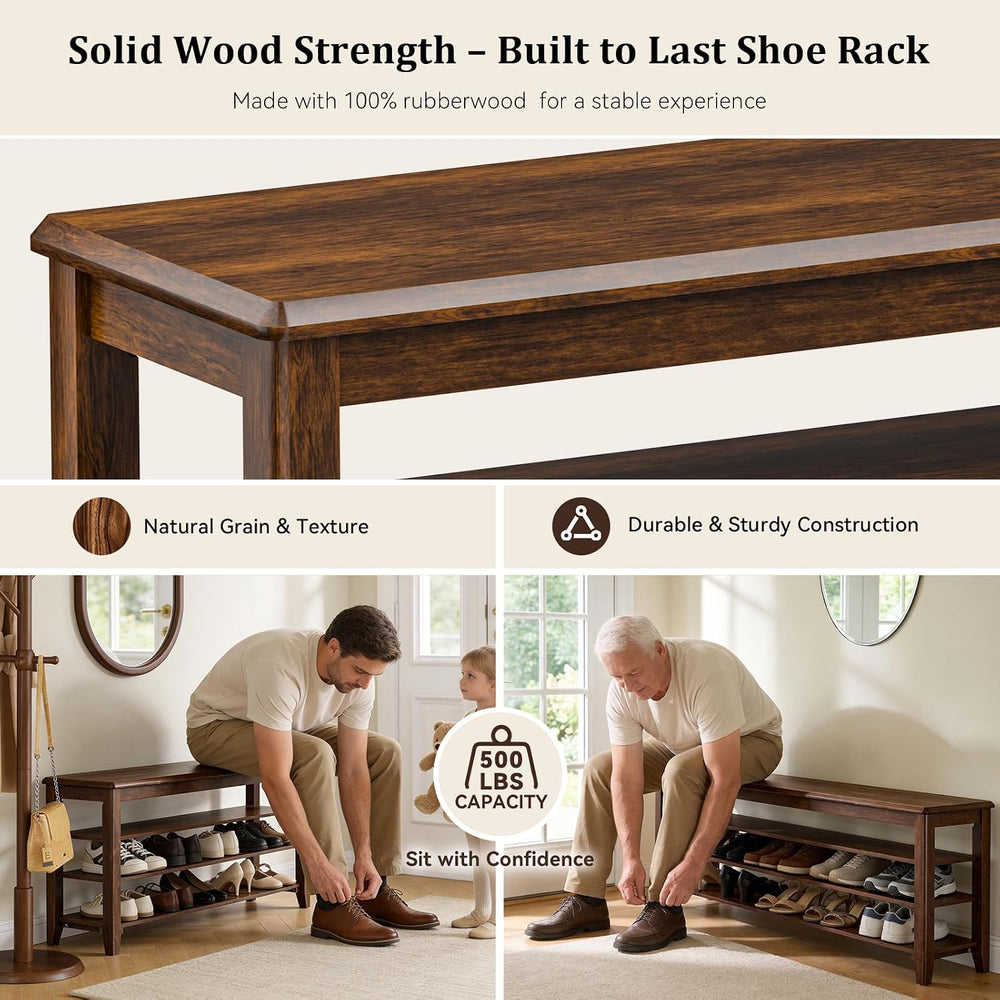 Taitiy Shoe Bench with 3 Tier Adjustable Shelves Rubberwood Entryway 47.2'...