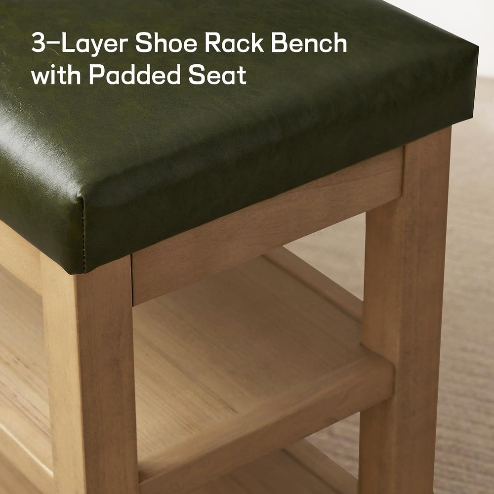 Zihanhome Shoe Rack Bench with Leather Cushion, 2 Tier Solid Wood Storage Ben...