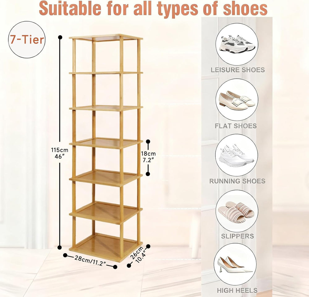 Aniston 7 Tier Bamboo Shoe Rack, Free Standing Slim Narrow Shoe Storage, Vert...