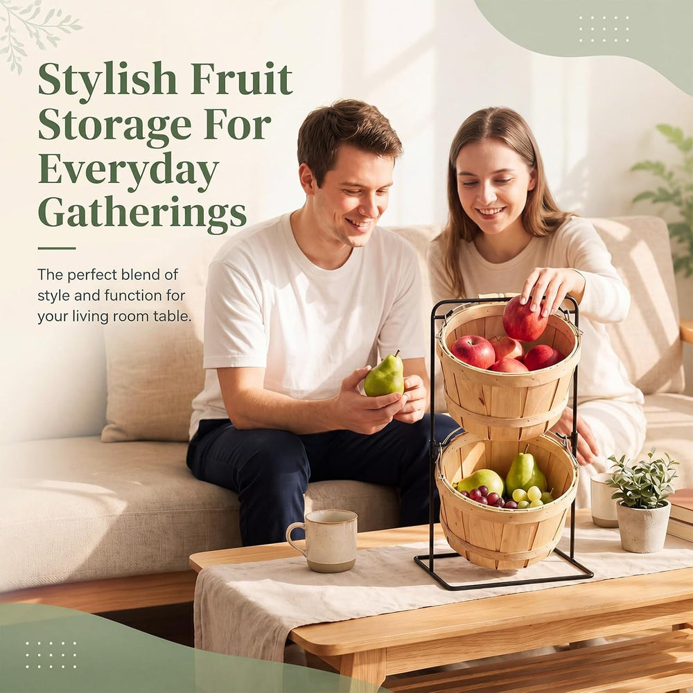 Novabright 2 Tier Wooden Fruit Basket with Metal Stand, Farmhouse Small Bushe...