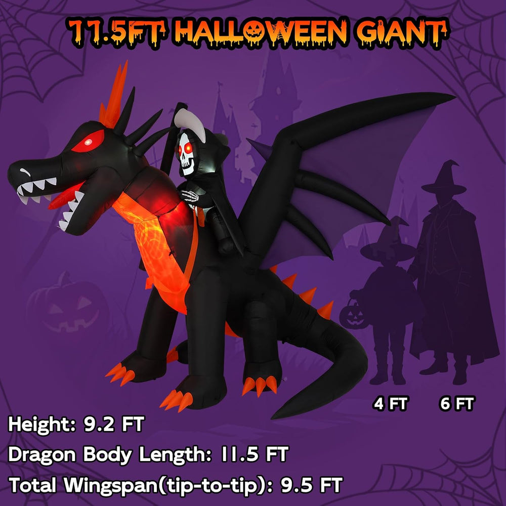 11.5FT Long Animated Dragon & Grim Reaper Halloween Inflatable, Moving Head