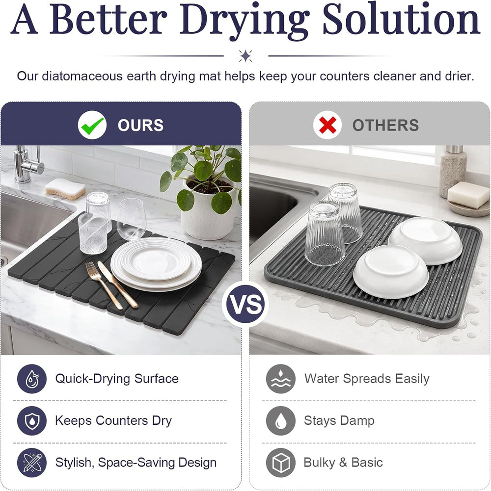 Large Stone Dish Drying Mat Set for Kitchen Counter Dark Gray Marble