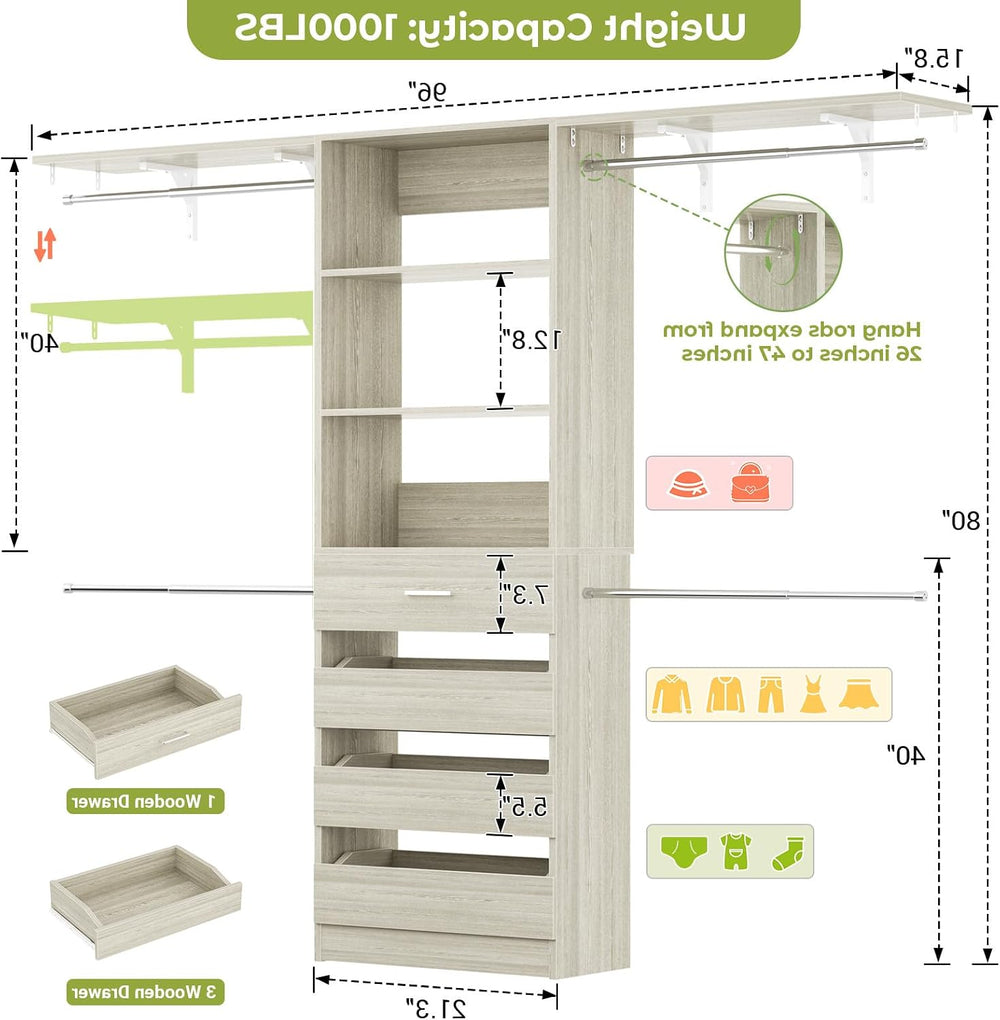 Aheaplus Closet System with 4 Drawers, 8FT Wood Closet Organizer System