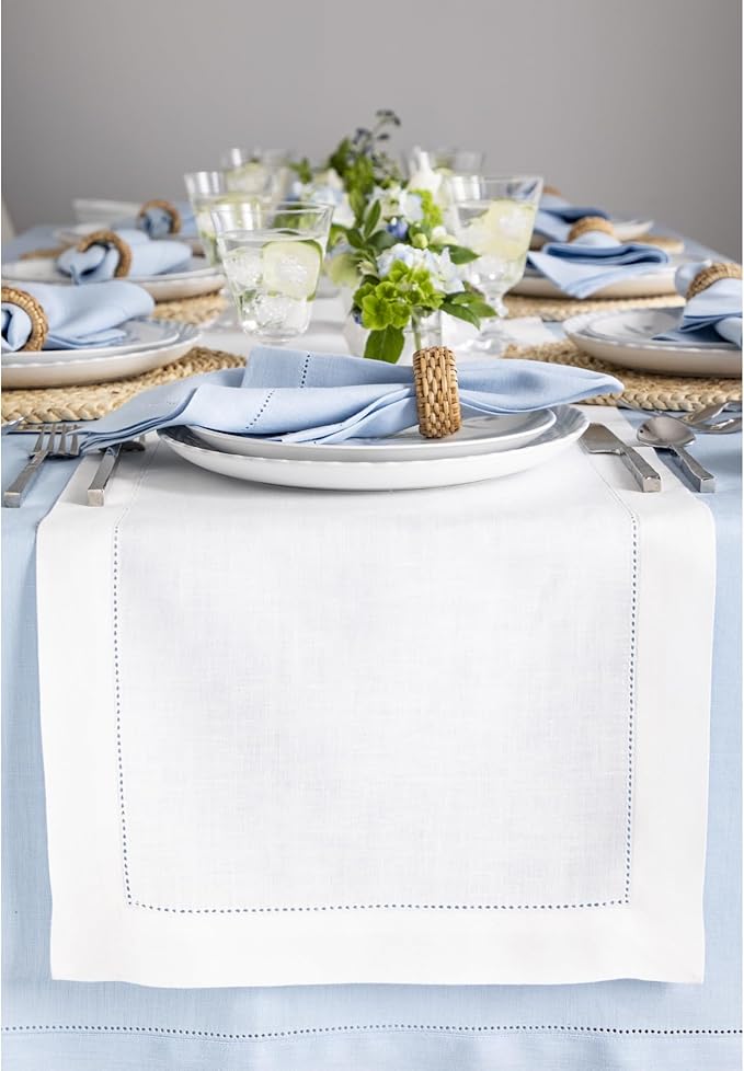 Solino Home Linen White Table Runner 48 Inches - Classic Hemstitch, 100% Pure...