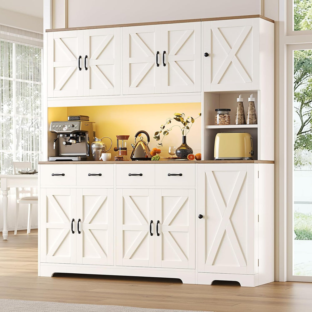 71" Tall Kitchen Pantry with LED Lights & Charging Station, Farmhous...