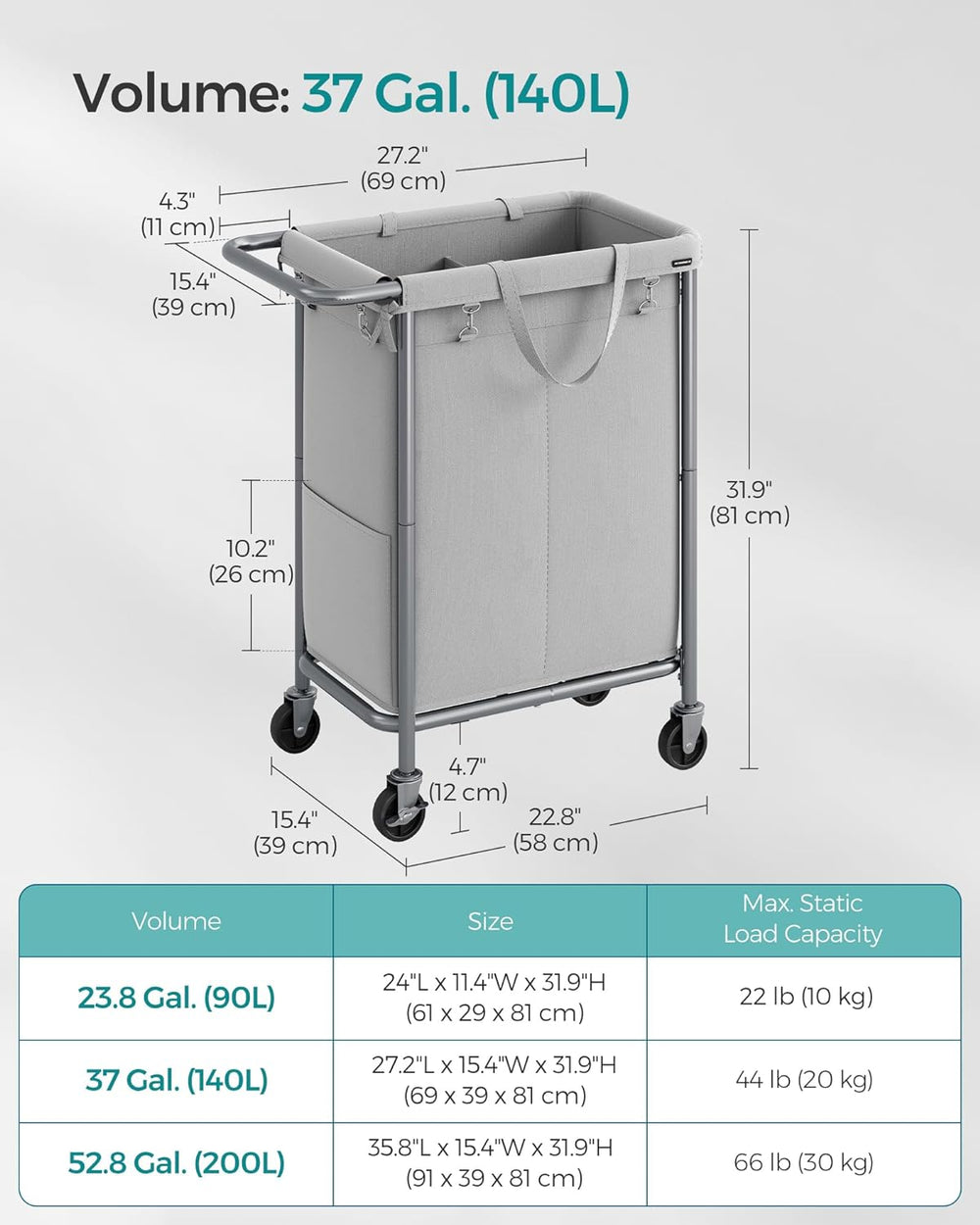 SONGMICS Laundry Basket with Wheels, 1-Section, 23.8 Gallons (90 L)