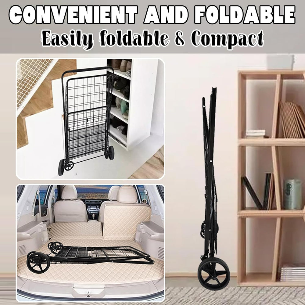 Foldable Shopping Cart with Waterproof Bag, Swivel Wheels & Double Basket