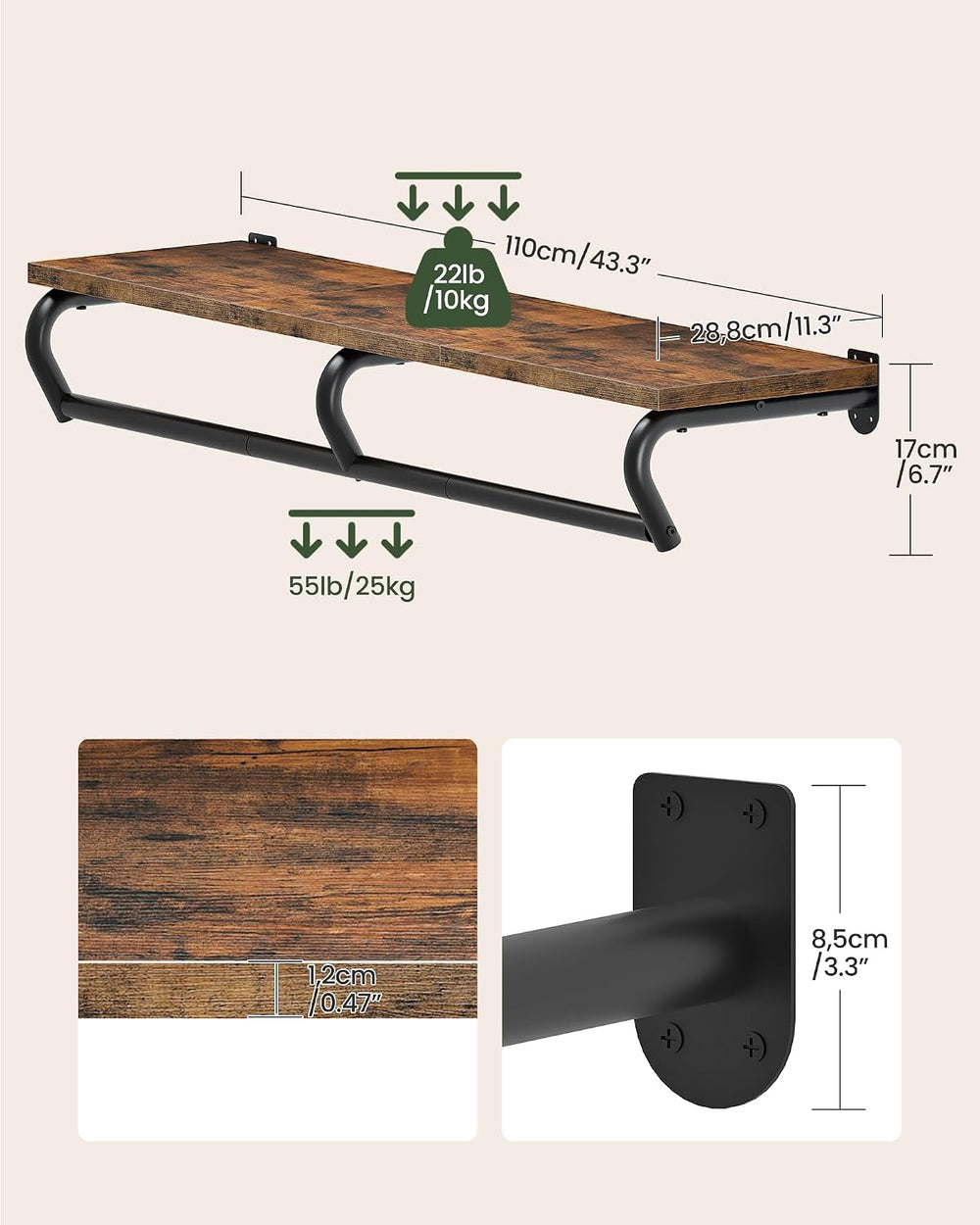 43.3" Wall Mounted Clothes Rack with Top Shelf and Hanging Rod