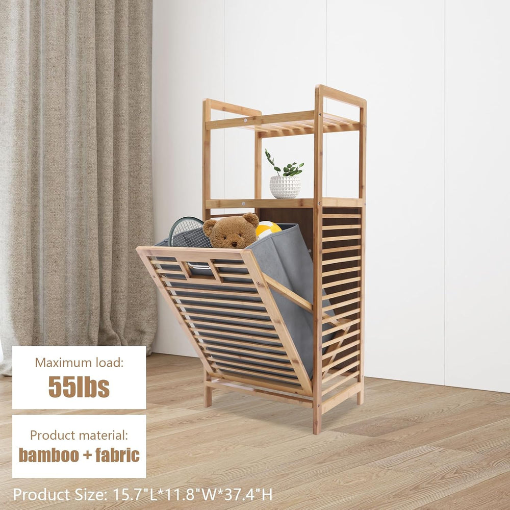 3-Tier Laundry Hamper with Shelf, Bamboo Tilt Out Laundry Hamper, Removable C...