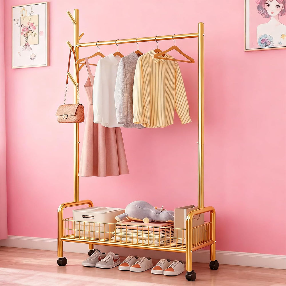 MYUPDALIN Rolling Metal Clothes Rack with Shelves & Storage Basket, Gold