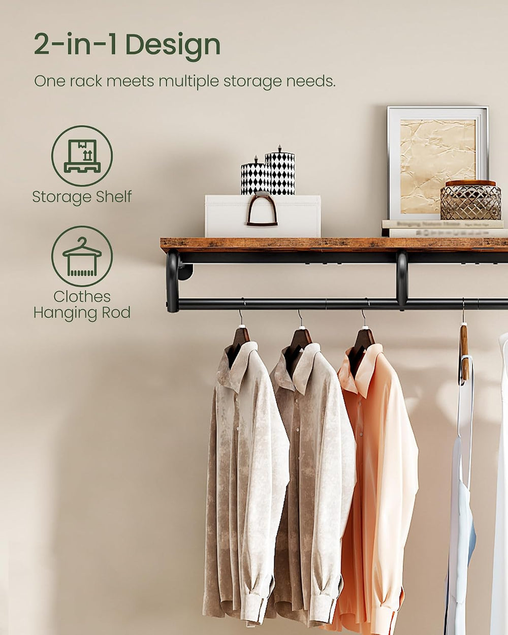 43.3" Wall Mounted Clothes Rack with Top Shelf and Hanging Rod