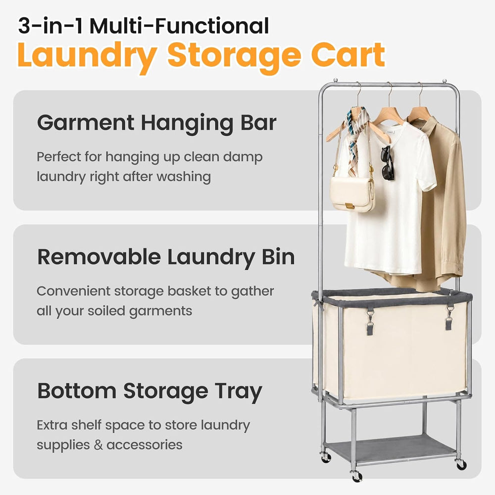 Rolling Laundry Cart 110L With Hanging Bar & Storage Shelf, Beige