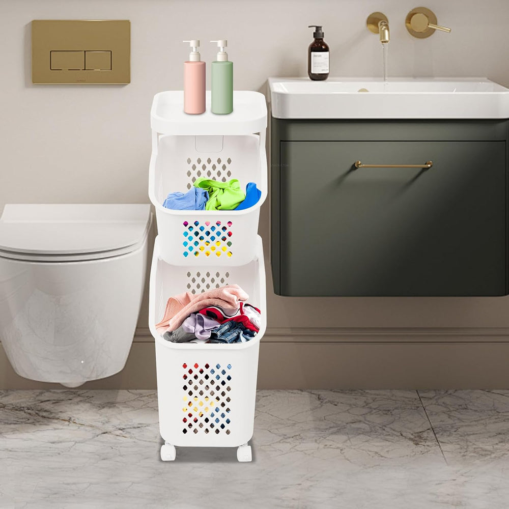2 Tiers Rolling Laundry Hamper, White Plastic Laundry Basket Holder with Whee...