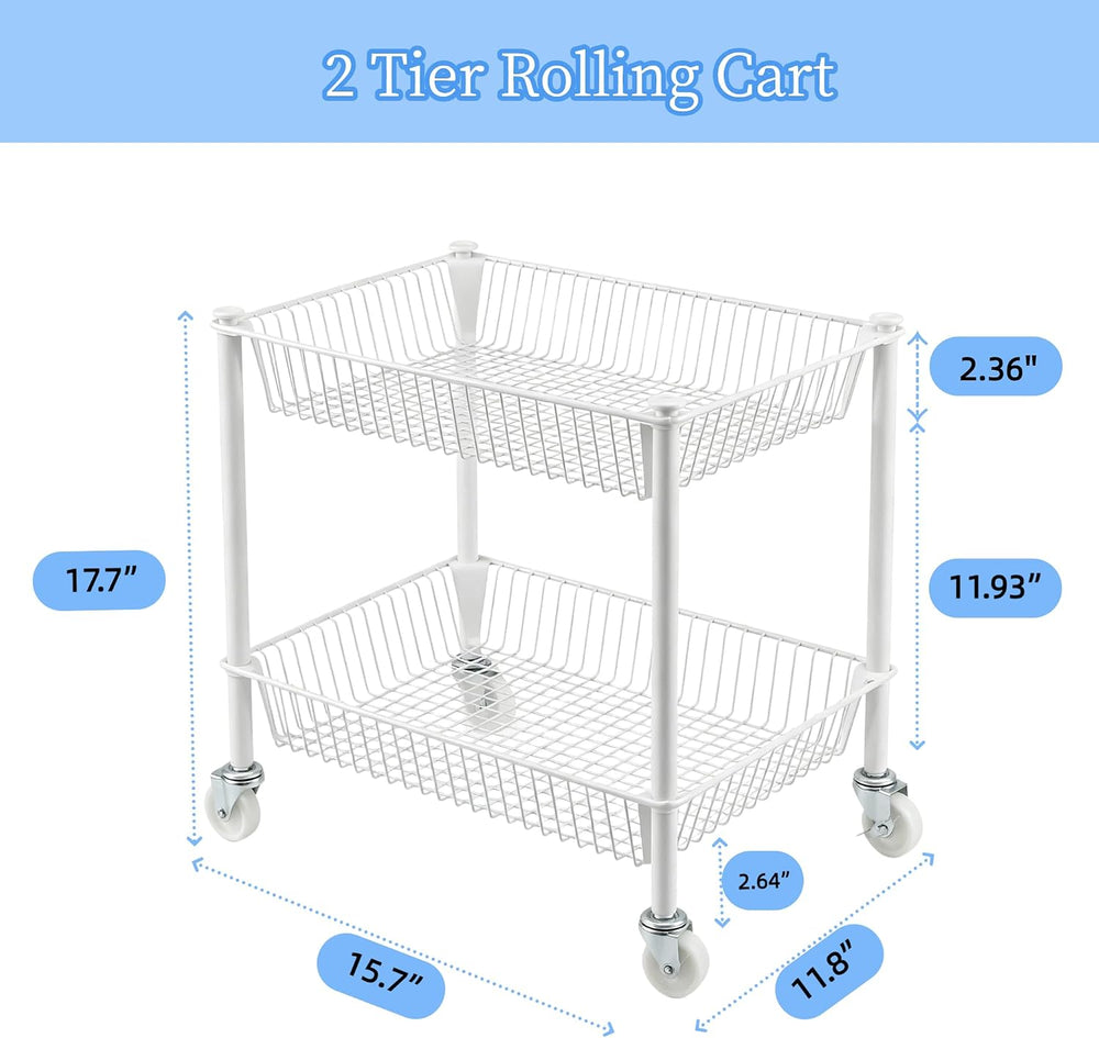2 Tier Small Utility Cart on Wheels Short Rolling Pantry Cart Thick Metal Wir...