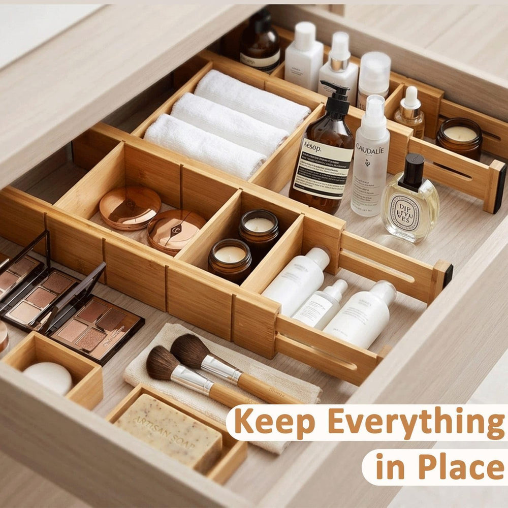 6 Pack Bamboo Drawer Dividers with 12 Inserts, Adjustable 17–22 Inch Expandab...