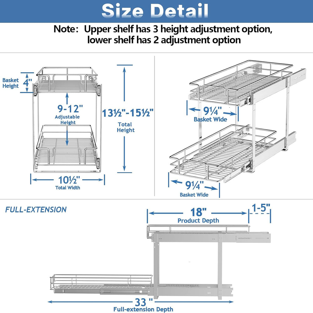2 Tier Individual Pull Out Cabinet Organizer 10½" W x 18" D, Heavy ...