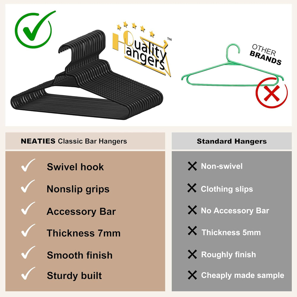 Quality Hangers Heavy Duty Black Plastic Hangers 40-Pack with Swivel Hook | 7...