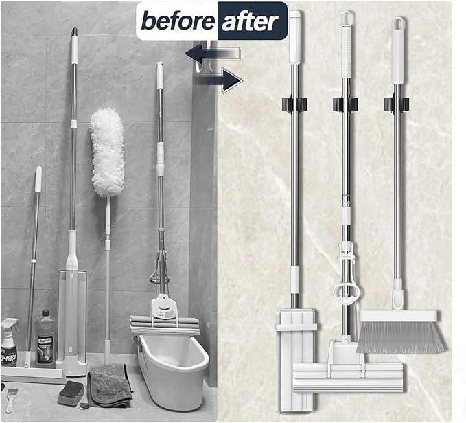 3-H Stainless Steel Broom Holder Wall Mount 50-Pack- Heavy Duty Mop Organizer