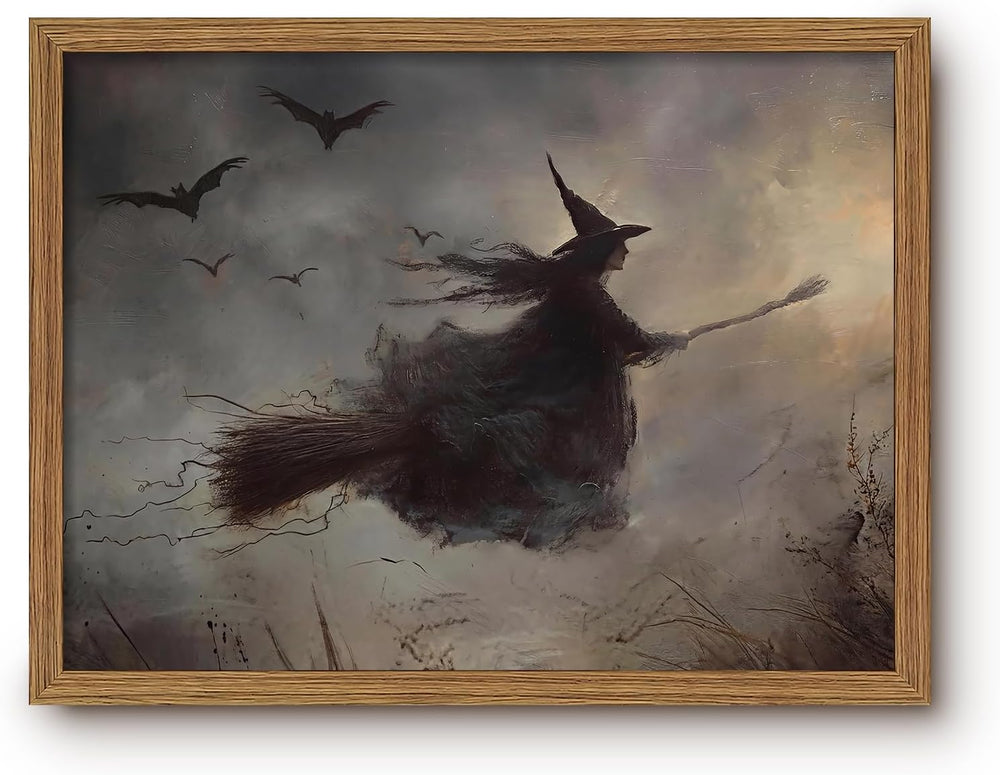 Moody Halloween Framed Wall Art Vintage Horror Flying Witch Prints 16x24 In