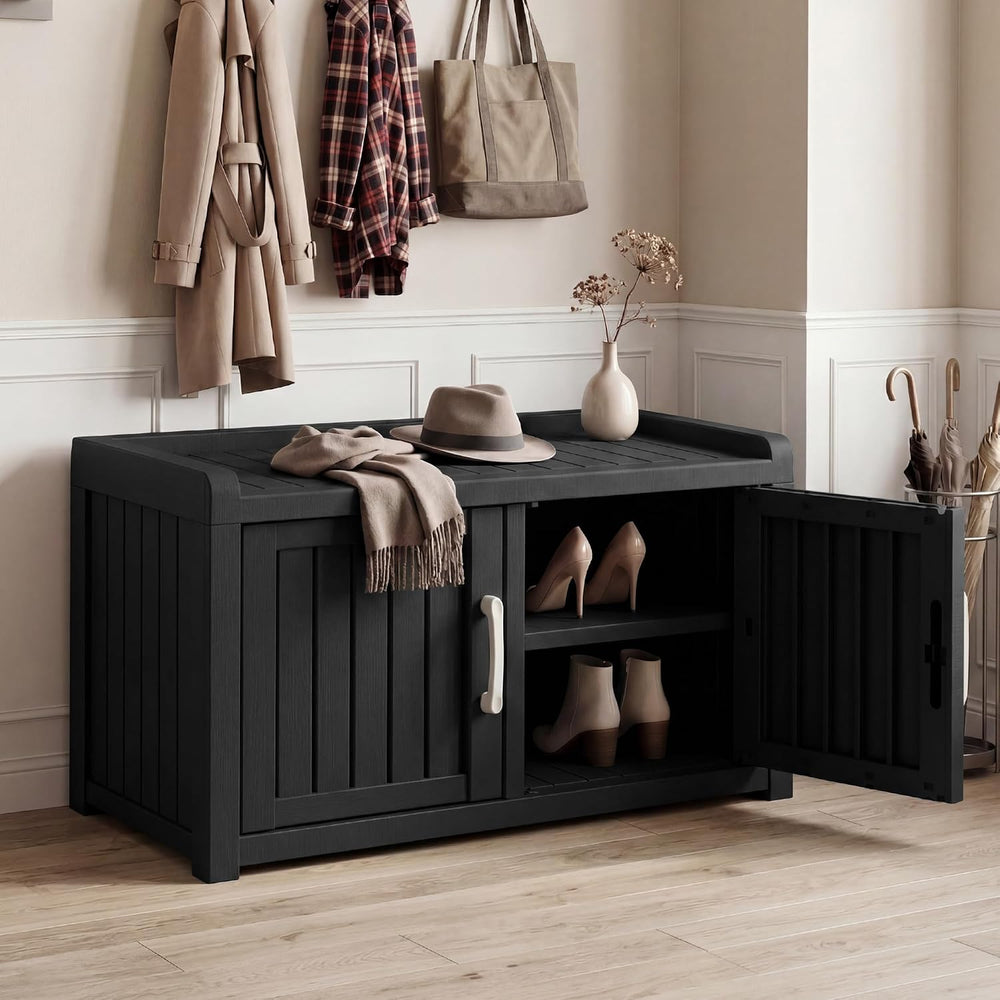 2-Tier Storage Bench, Waterproof UV-Resistant Outdoor Shoe Storage Cabinet ，O...
