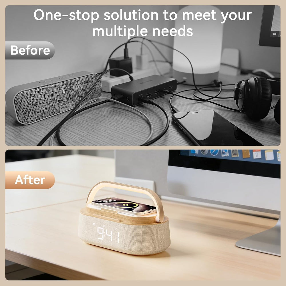 Alarm Clock Bedroom with Wireless Charger Bluetooth Speaker FM Radio Light