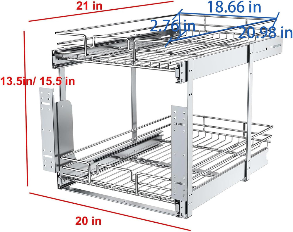 2 Tier Pull Out Cabinet Organizer, 20" W x 21" D Heavy-Duty Metal S...