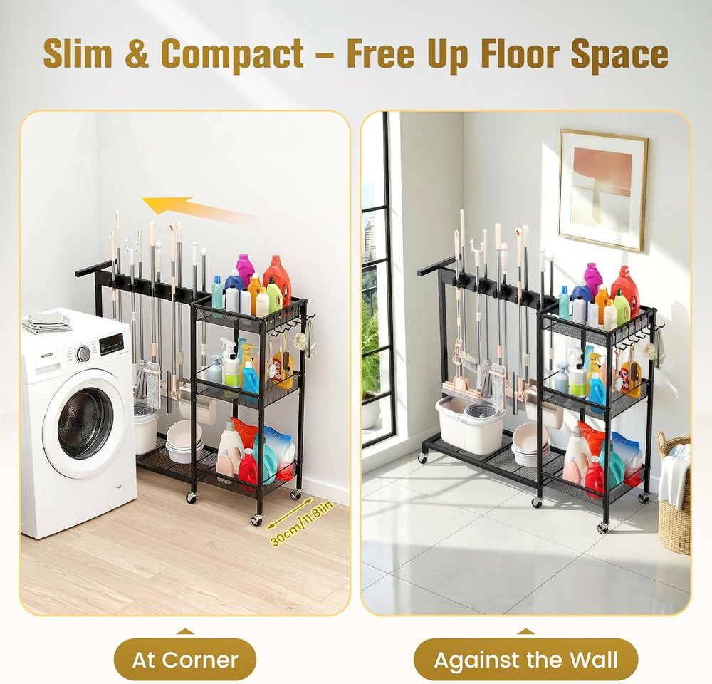 Broom Holder with Cleaning Supplies Organizer, Cleaning Utility Cart on Wheel...