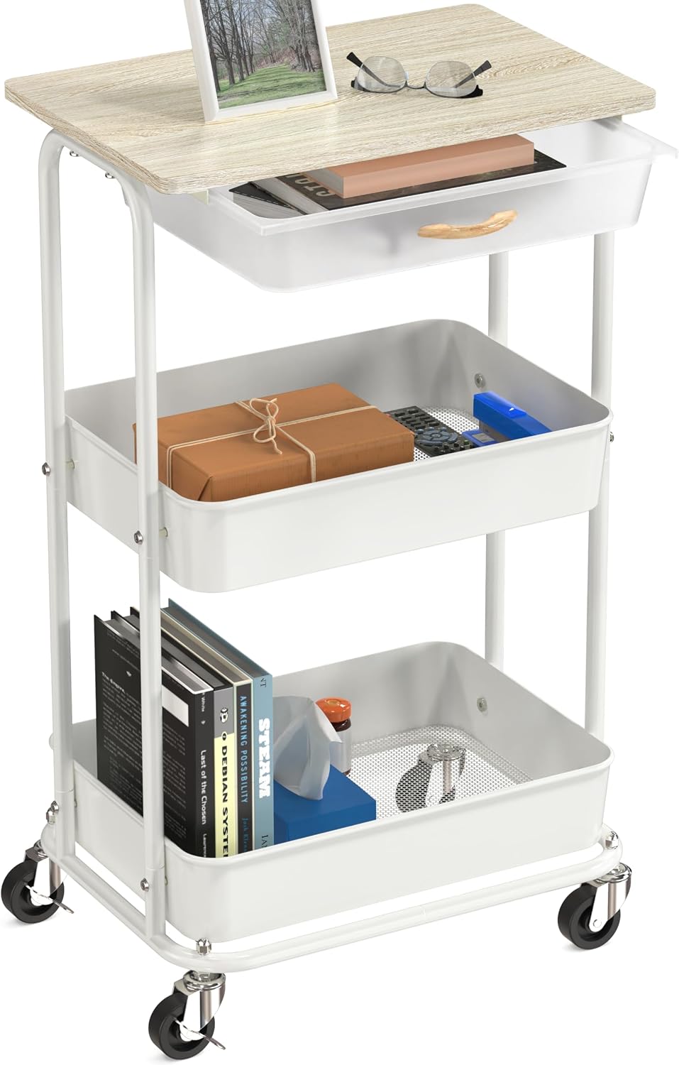 Simple Houseware 3-Tier Rolling Utility Cart with Drawer & Wood Top, Maple