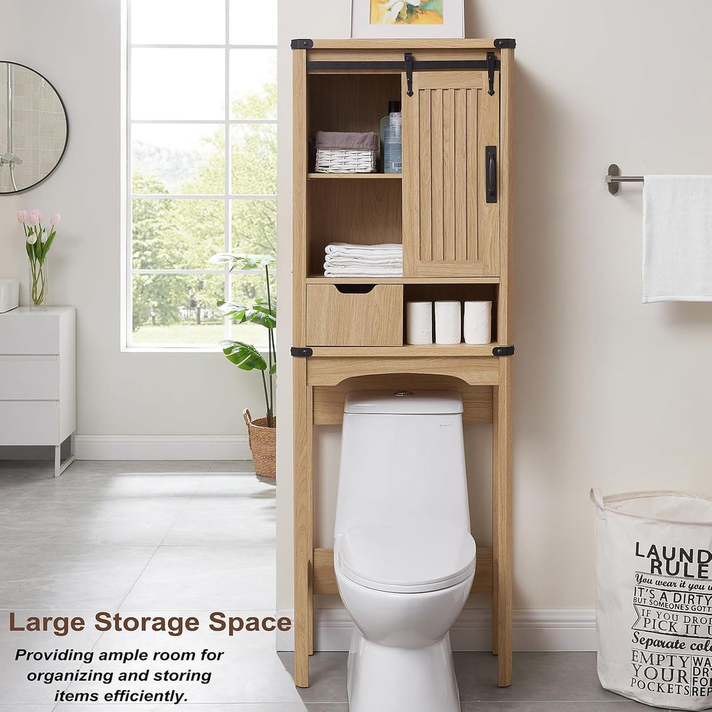 Wooden Over The Toilet Storage Cabinet with Sliding Barn Door