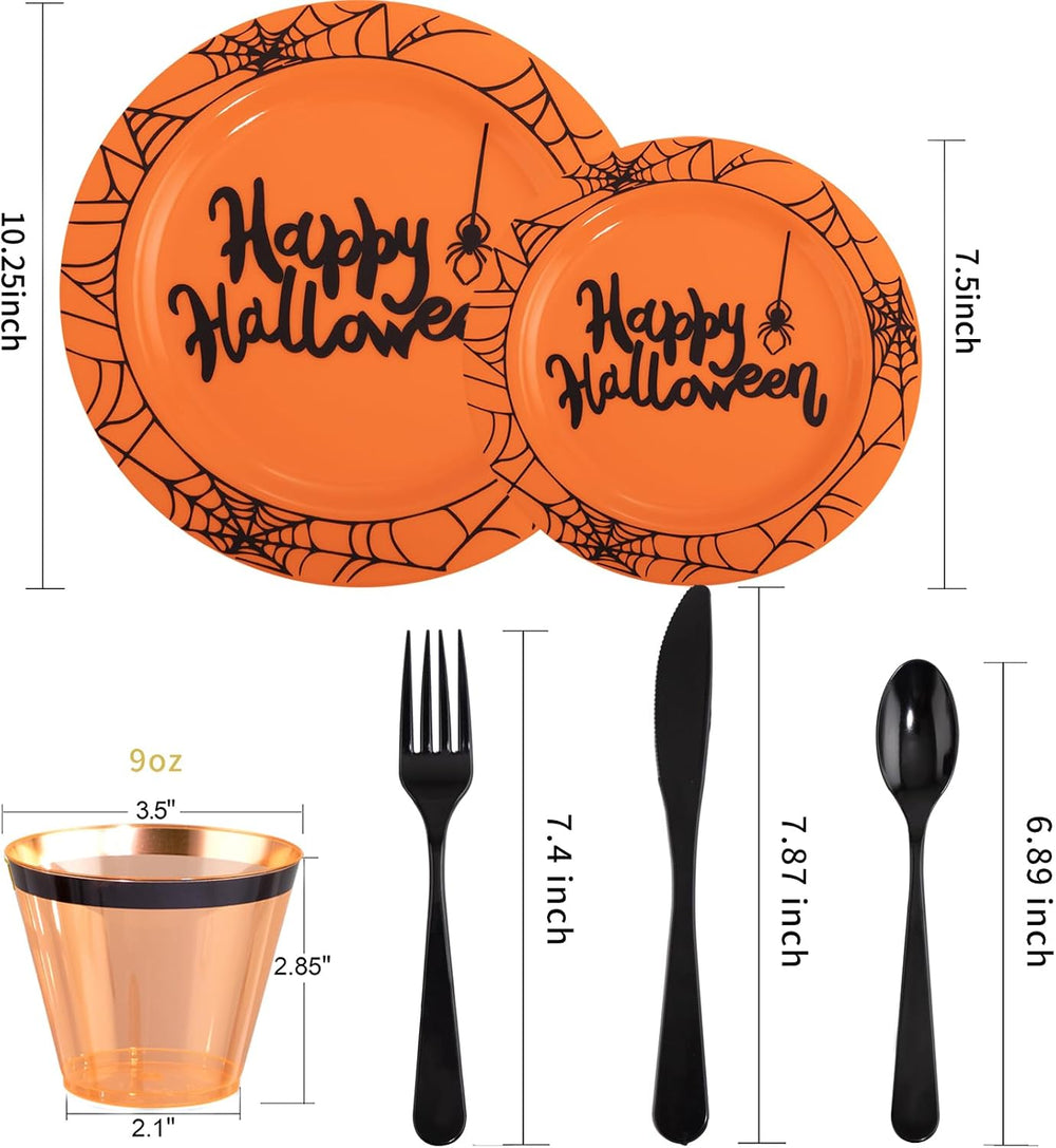 supernal 180 Pcs Orange and Black Halloween Plastic Dinnerware Set for 30