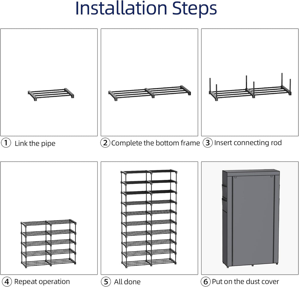9-Tier Tall Black Shoe Rack, 36-40 Pairs with Gray Cover